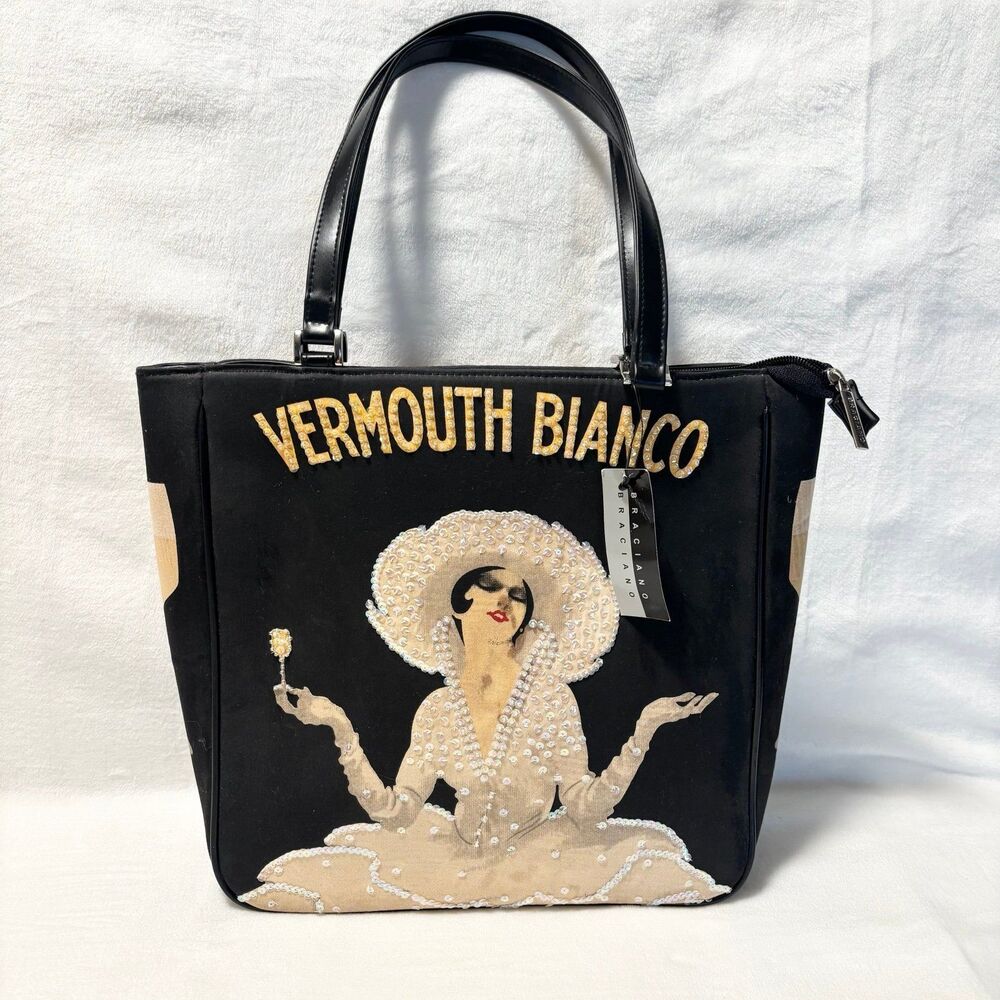 BRACIANO Vermouth Bianco Tote Bag Black Art Deco Sequin Graphic Purse NWT